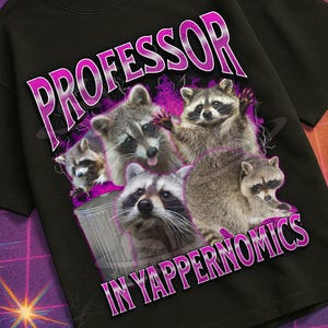 May include: Black t-shirt featuring a graphic of raccoons with the text "PROFESSOR IN YAPPERNOMICS". The shirt also has the text "MILDLY PERTURBED" and a retro design.