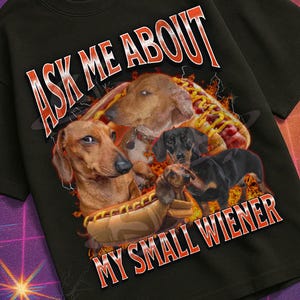 Op de afbeelding: Zwart T-shirt met de tekst "ASK ME ABOUT MY SMALL WIENER" boven een afbeelding van teckels. Het shirt heeft een retro design met een paarse en gouden achtergrond en het woord "Mildly Perturbed" onderaan.