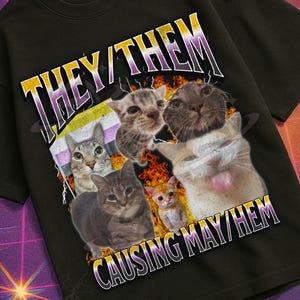 May include: Black t-shirt featuring a cat graphic and the text "THEY/THEM CAUSING MAY/HEM." The shirt also has the text "Mildly Perturbed" in a retro font. The background has a retro VHS aesthetic with a rainbow and a smiley face.