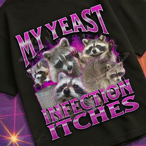 My Yeast Infection Itches Funny Raccoon Meme Bootleg Graphic T shirt, Unhinged Shirt, Cursed T shirt, Inappropriate, Offensive Gen z Gift