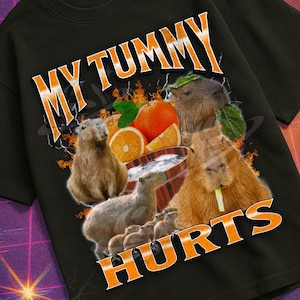Pode incluir: Camiseta preta com o texto "MY TUMMY HURTS" em laranja e branco, com um gráfico de capivaras, laranjas e uma tigela. A camisa também tem o texto "MILDLY PERTURBED" na parte inferior.