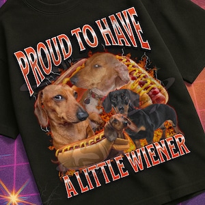 May include: Black t-shirt featuring a graphic of dachshunds and the text "PROUD TO HAVE A LITTLE WIENER." The design has a retro aesthetic, with a VHS label and the text "MILDLY PERTURBED."