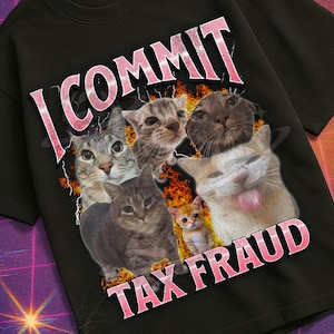 May include: Black t-shirt featuring a cat graphic and the pink text "I COMMIT TAX FRAUD". The shirt also displays the text "MILDLY PERTURBED" in a retro style. The design is set against a retro background.