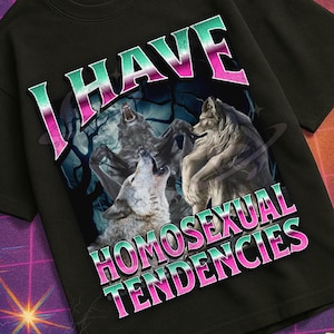 Può includere: T-shirt nero con la scritta "I HAVE HOMOSEXUAL TENDENCIES" in un font colorato, con una grafica di lupi che ululano alla luna. La maglietta fa parte della collezione "Mildly Perturbed".
