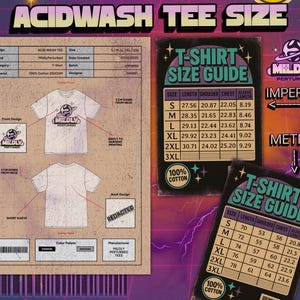 Pu&ograve; includere: Grafica dettagliata che mostra un design di t-shirt bianca con lavaggio acido con vista anteriore e posteriore, guide alle taglie e informazioni sul marchio. La guida alle taglie include misure in centimetri.
