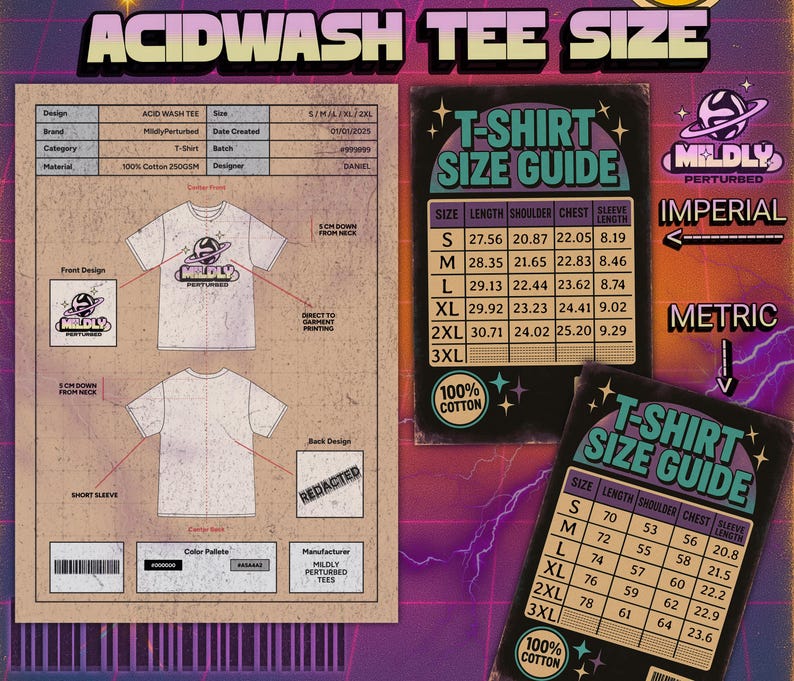 Pu&ograve; includere: Grafica dettagliata che mostra un design di t-shirt bianca con lavaggio acido con vista anteriore e posteriore, guide alle taglie e informazioni sul marchio. La guida alle taglie include misure in centimetri.