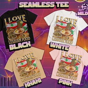Pu&ograve; includere: Quattro magliette a maniche corte nere, bianche, kaki e rosa. Ogni maglietta presenta una grafica con la scritta "I LOVE LESBIAN FOOD" e una bandiera libanese con illustrazioni di cibo. Le magliette sono etichettate con i rispettivi colori.