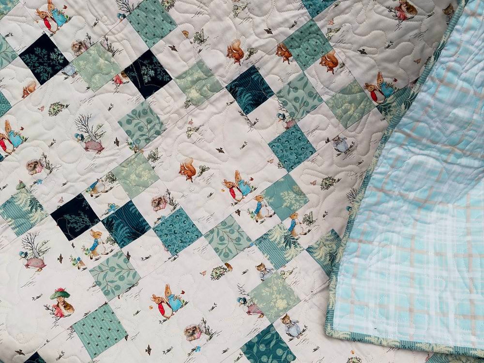 Patchwork Rabbit Quilt Peter Rabbit Baby Quilt, Patchwork Crib Quilt, Blue & White Nursery ...