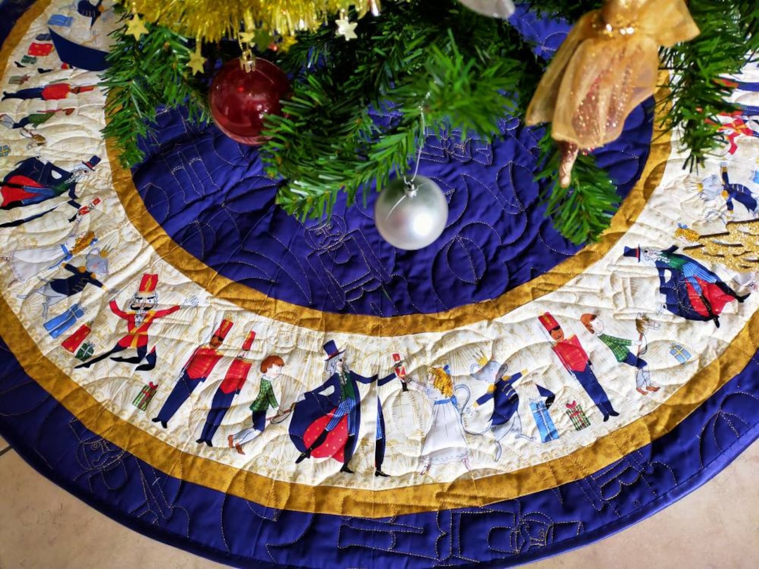 Nutcracker Christmas Tree Skirt, Blue Gold Quilted Tree Skirt, 3 Sizes