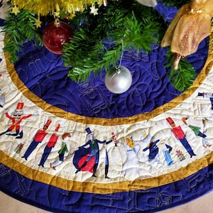 Nutcracker Christmas Tree Skirt,  Blue Gold Quilted  Tree Skirt, 3 sizes,