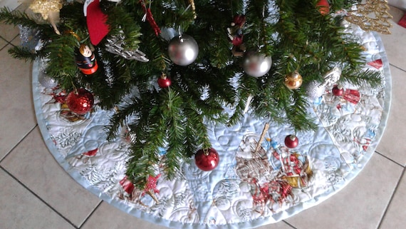 Blue Quilted Tree Skirt with Victorian Santa ,  Personalized option, 3 sizes available