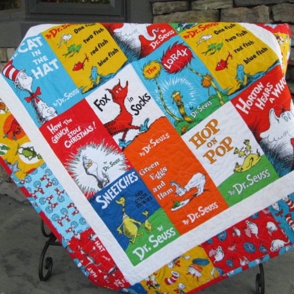 Baby Quilt Dr Seuss Book Titles, Cat in the Hat, Lorax Baby Bedding, Seuss Nursery