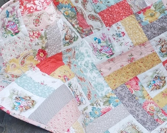 Peter Rabbit Baby Girl Quilt, Floral Patchwork, Personalized Nursery Decor