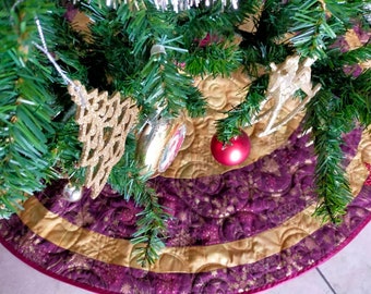 Purple Christmas Tree Skirt with Gold, 50 inch Quilted tree skirt.  LAST ONE