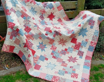 Star Quilt, Patriotic lap quilt or throw, French General Quilt 72 x 84