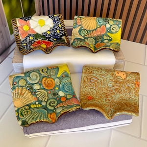 Self-Draining Ceramic Soap Dish or Sponge Holder (Handpainted Florals)