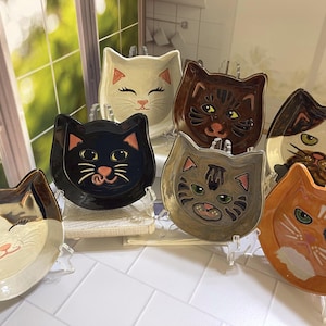 Handmade Ceramic Cat Food Dish | Dishwasher Safe Pottery with Whimsical, Hand Painted Faces