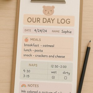 Afdrukbaar logboek van onze dag | Daily Baby Tracker voor kinderopvang of oppas | Maaltijden, dutjes, luiers, notities | Pdf direct downloaden