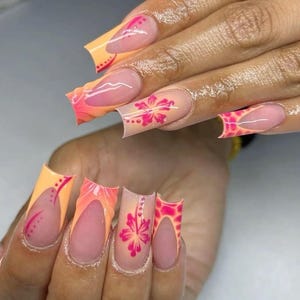 orange pink hibiscus nails /custom press on nails/ hand made press on nails/faux acrylic nails/ gel nails/ press on nail