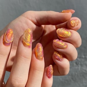 orange 3D chrome nails /custom press on nails/ hand made press on nails/faux acrylic nails/ gel nails/ press on nail