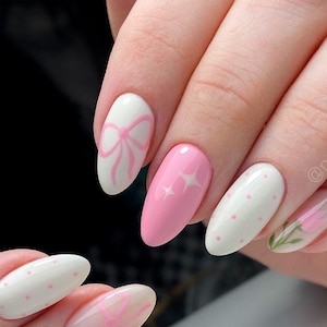 pink & white mixed nails /custom press on nails/ hand made press on nails/faux acrylic nails/ gel nails/ press on nail