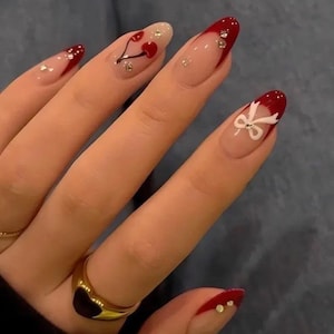 cute cherry nails nails /custom press on nails/ hand made press on nails/faux acrylic nails/ gel nails/ press on nail