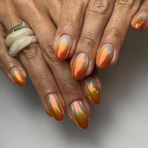 orange chrome nails /custom press on nails/ hand made press on nails/faux acrylic nails/ gel nails/ press on nail