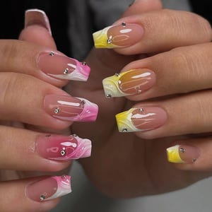 pink and yellow aura french nails /custom press on nails/ hand made press on nails/faux acrylic nails/ gel nails/ press on nail