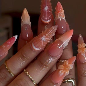 orange citrus nails /custom press on nails/ hand made press on nails/faux acrylic nails/ gel nails/ press on nail