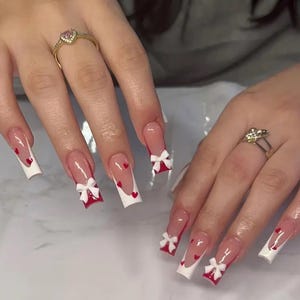 heart red and white french nails /custom press on nails/ hand made press on nails/faux acrylic nails/ gel nails/ press on nail