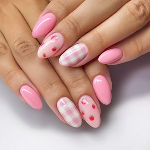 pink strawberry nails nails /custom press on nails/ hand made press on nails/faux acrylic nails/ gel nails/ press on nail