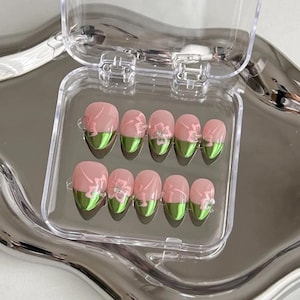 green chrome french nails /custom press on nails/ hand made press on nails/faux acrylic nails/ gel nails/ press on nail