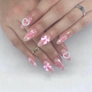 pink charm nails /custom press on nails/ hand made press on nails/faux acrylic nails/ gel nails/ press on nail