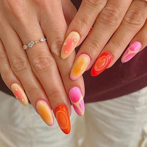 freestyle orange pink nails /custom press on nails/ hand made press on nails/faux acrylic nails/ gel nails/ press on nail