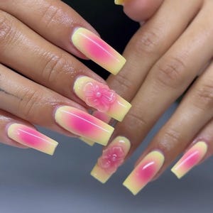 yellow and pink aura nails /custom press on nails/ hand made press on nails/faux acrylic nails/ gel nails/ press on nail
