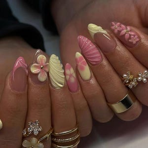 yellow and pink french nails /custom press on nails/ hand made press on nails/faux acrylic nails/ gel nails/ press on nail