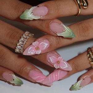 green pink summer nails /custom press on nails/ hand made press on nails/faux acrylic nails/ gel nails/ press on nail