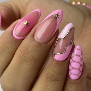 pink gold mixed nails /custom press on nails/ hand made press on nails/faux acrylic nails/ gel nails/ press on nail