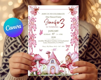 Fairy Birthday Invitation: Enchanted Garden Theme, Editable Canva Template (Digital Download A6 Size)