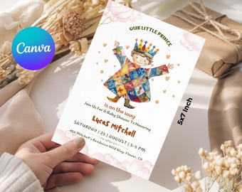 Faire-part de baby shower Le Petit Prince : modèle sur toile modifiable (téléchargement numérique, format A6)
