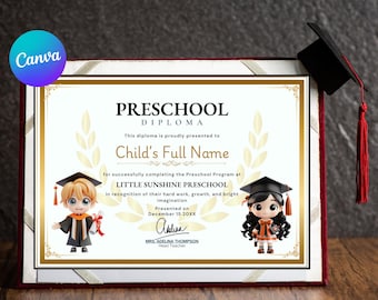 May include: A preschool diploma with gold accents, featuring the text "Preschool Diploma" and space for a child's name. The diploma includes illustrations of children in graduation caps and the text "Little Sunshine Preschool". A graduation cap with a red tassel is on the right.