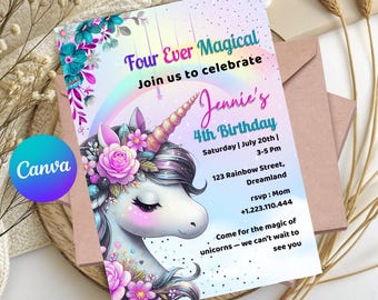 Pastel Rainbow Unicorn Birthday Invitation: Editable Canva Template (Digital Download)