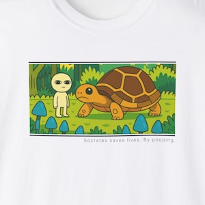 May include: A cartoon illustration of a small, yellow person standing next to a large, brown turtle. The turtle is walking on green grass with blue mushrooms in the background. The text "Socrates saves lives. By pooping." is below the image.