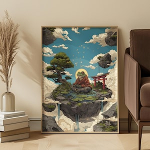Meditating Frog Monk Digital Print – Surreal Japanese Floating Island Wall Art, Zen Fantasy Poster, Instant Download for Spiritual Decor