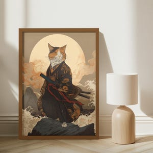 Samurai Cat Wall Art Digital Download – Japanese Calico Warrior Poster, Ukiyo-e Inspired Printable, Fantasy Feline Decor Gift for Him/Her