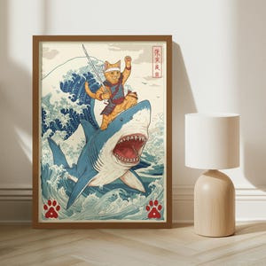 Cat Shark Poster – Samurai Cat Print, Great Wave Inspired Animal Art | Digital Download