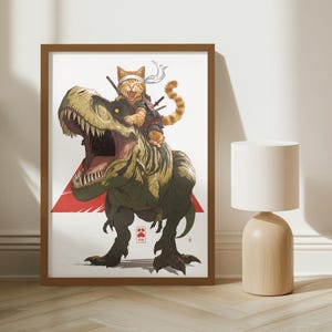 Samurai Cat Riding T-Rex Art Print: Anime Dinosaur Warrior (Digital Download)