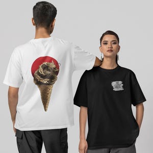 Kegel des Feuers Grafik-T-Shirt - Drachen-Eis-Shirt, japanisches Streetwear T-Shirt, surreale Kunst-T-Shirt, rote Sonnen-Druck, Unisex übergroße Passform
