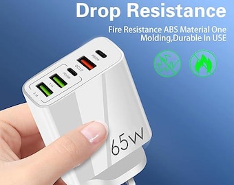 65W USB C GaN Fast Charger Plug 5-Port For iPhone Samsung MacBook iPad Pro Air