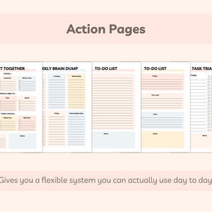 Get It Together, Weekly Brain Dump, To-Do List, and Task Triage pages showing the action-focused templates in the kit.